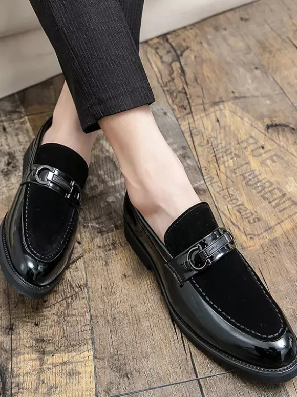 Groom Loafers Mens Horsebit Loafers Patent Splice Suede Leather Slip-On Chunky Shoes