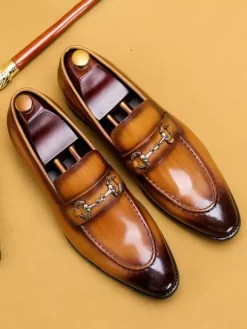Groom Loafers Mens Horsebit Loafers Genuine Leather Pointed-Toe Slip-On Dress Shoes