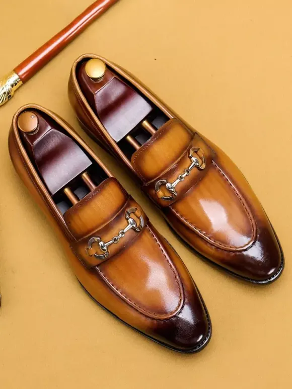 Groom Loafers Mens Horsebit Loafers Genuine Leather Pointed-Toe Slip-On Dress Shoes