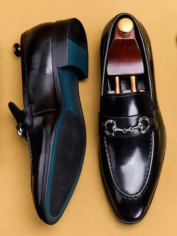 Groom Loafers Mens Horsebit Loafers Genuine Leather Pointed-Toe Slip-On Dress Shoes