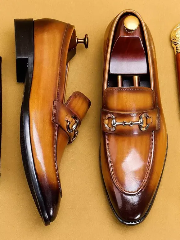 Groom Loafers Mens Horsebit Loafers Genuine Leather Pointed-Toe Slip-On Dress Shoes