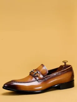 Groom Loafers Mens Horsebit Loafers Genuine Leather Pointed-Toe Slip-On Dress Shoes