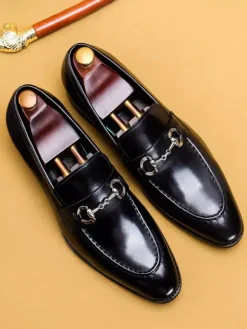 Groom Loafers Mens Horsebit Loafers Genuine Leather Pointed-Toe Slip-On Dress Shoes