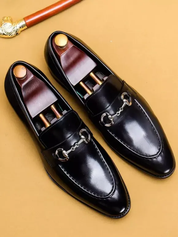 Groom Loafers Mens Horsebit Loafers Genuine Leather Pointed-Toe Slip-On Dress Shoes
