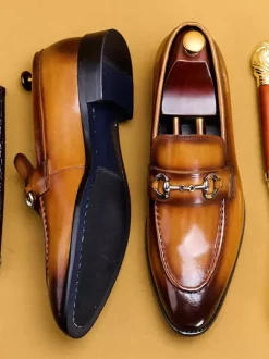 Groom Loafers Mens Horsebit Loafers Genuine Leather Pointed-Toe Slip-On Dress Shoes