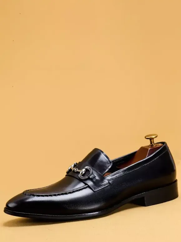 Groom Loafers Mens Horsebit Loafers Genuine Leather Pointed-Toe Slip-On Dress Shoes
