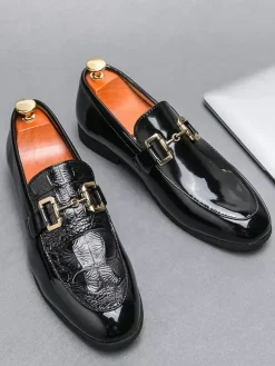 Groom Loafers Mens Horsebit Loafers Slip-on Patent Leather Round Toe Shoes