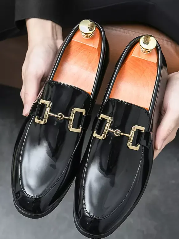 Groom Loafers Mens Horsebit Loafers Slip-on Patent Leather Round Toe Shoes