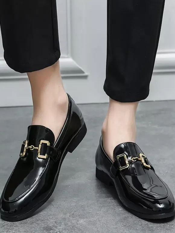 Groom Loafers Mens Horsebit Loafers Slip-on Patent Leather Round Toe Shoes