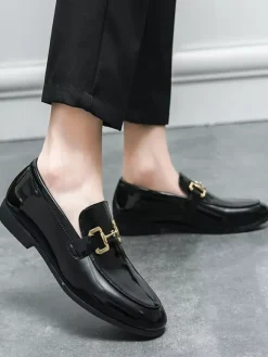 Groom Loafers Mens Horsebit Loafers Slip-on Patent Leather Round Toe Shoes
