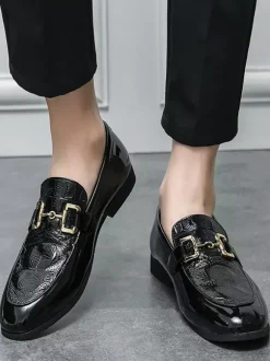 Groom Loafers Mens Horsebit Loafers Slip-on Patent Leather Round Toe Shoes