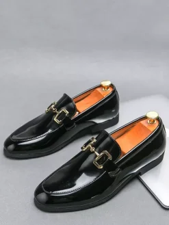 Groom Loafers Mens Horsebit Loafers Slip-on Patent Leather Round Toe Shoes
