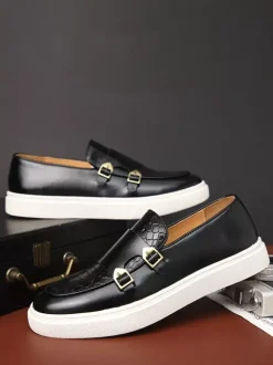 Groom Loafers Mens Monk Strap Buckle Loafers Slip-on Chunky Sole Casual Shoes