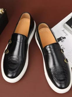 Groom Loafers Mens Monk Strap Buckle Loafers Slip-on Chunky Sole Casual Shoes
