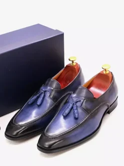 Groom Loafers Mens Tassel Loafers Genuine Leather Square-Toe Dress Shoes For Business Slip-On Oxfords