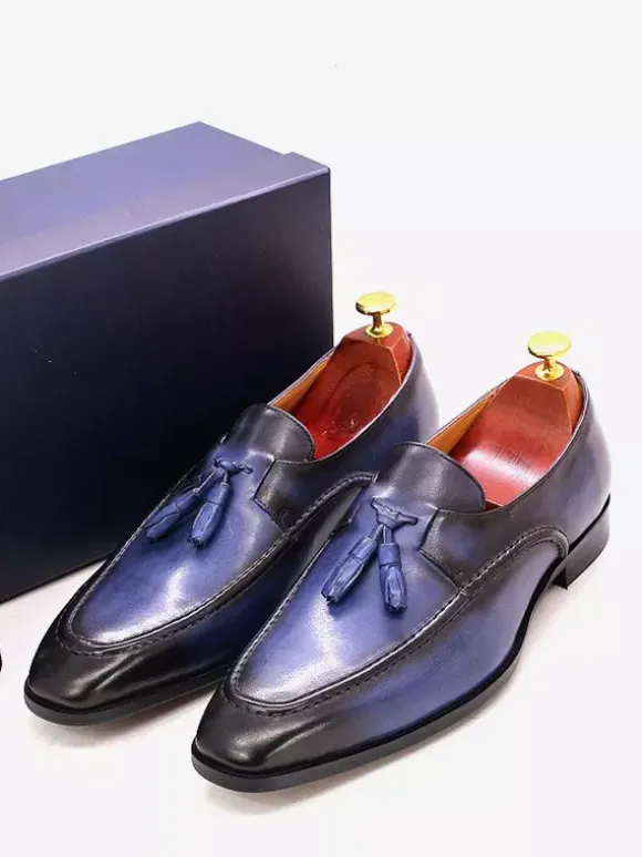 Groom Loafers Mens Tassel Loafers Genuine Leather Square-Toe Dress Shoes For Business Slip-On Oxfords