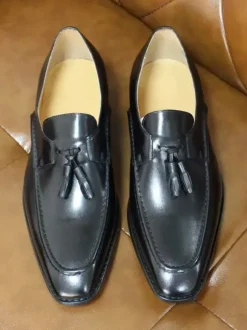 Groom Loafers Mens Tassel Loafers Genuine Leather Square-Toe Dress Shoes For Business Slip-On Oxfords