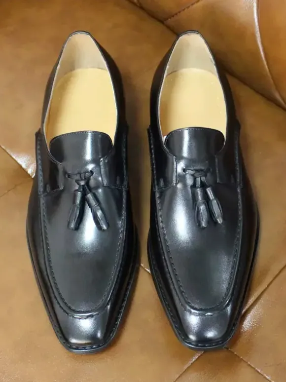 Groom Loafers Mens Tassel Loafers Genuine Leather Square-Toe Dress Shoes For Business Slip-On Oxfords