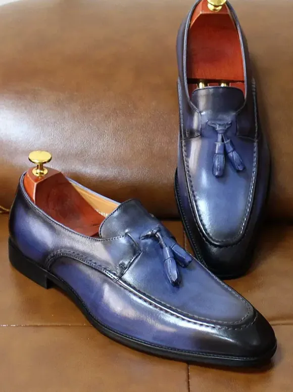 Groom Loafers Mens Tassel Loafers Genuine Leather Square-Toe Dress Shoes For Business Slip-On Oxfords