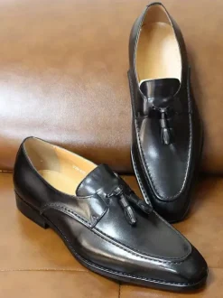 Groom Loafers Mens Tassel Loafers Genuine Leather Square-Toe Dress Shoes For Business Slip-On Oxfords