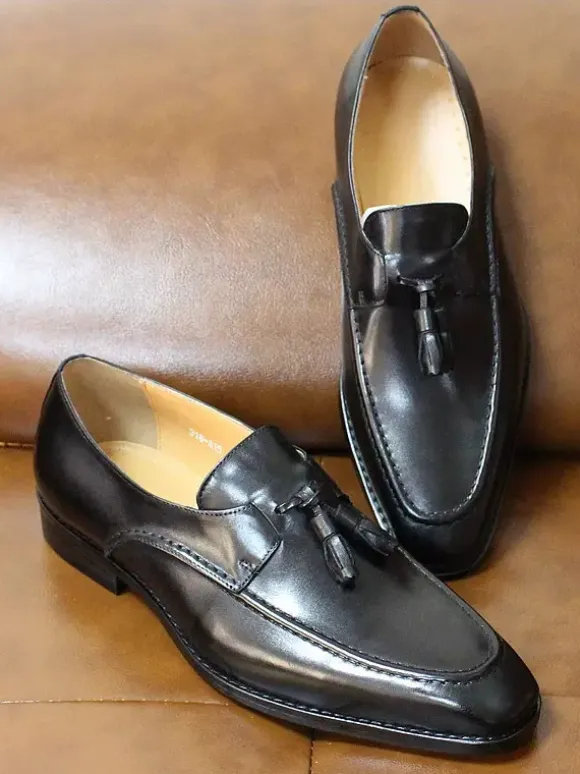 Groom Loafers Mens Tassel Loafers Genuine Leather Square-Toe Dress Shoes For Business Slip-On Oxfords