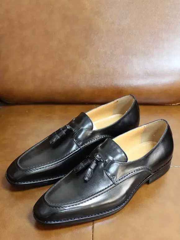 Groom Loafers Mens Tassel Loafers Genuine Leather Square-Toe Dress Shoes For Business Slip-On Oxfords