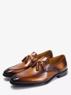Groom Loafers Mens Tassel Loafers Genuine Leather Square-Toe Dress Shoes For Business Slip-On Oxfords