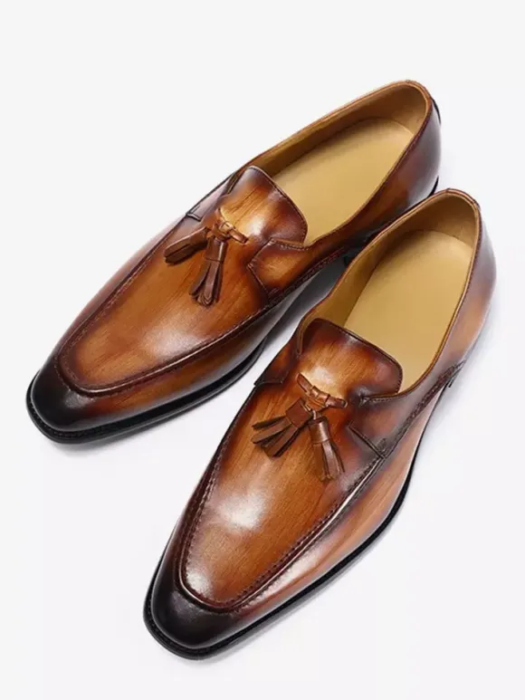Groom Loafers Mens Tassel Loafers Genuine Leather Square-Toe Dress Shoes For Business Slip-On Oxfords