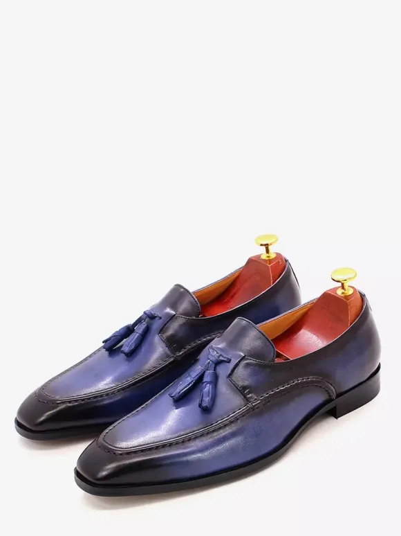 Groom Loafers Mens Tassel Loafers Genuine Leather Square-Toe Dress Shoes For Business Slip-On Oxfords