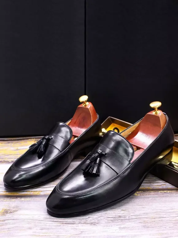 Groom Loafers Mens Tassel Loafers Genuine Leather Handcrafted Slip-On Dress Shoes