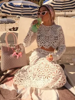 Guipure Lace Maxi Skirt Set For Women - Hollow Out Long Sleeve Crop Top & Floor Length Skirt Co-ord - Summer Beach Vacation 2026