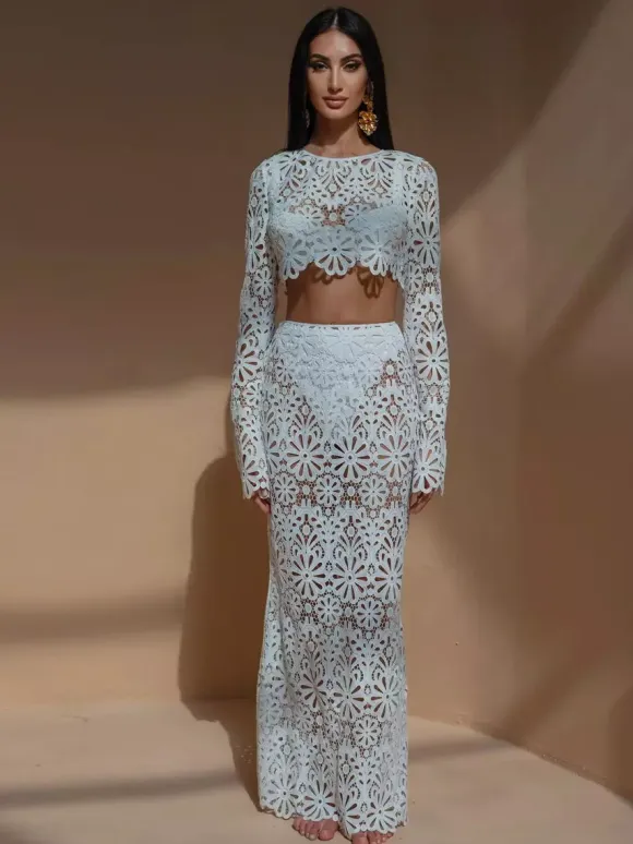 Guipure Lace Maxi Skirt Set For Women - Hollow Out Long Sleeve Crop Top & Floor Length Skirt Co-ord - Summer Beach Vacation 2026