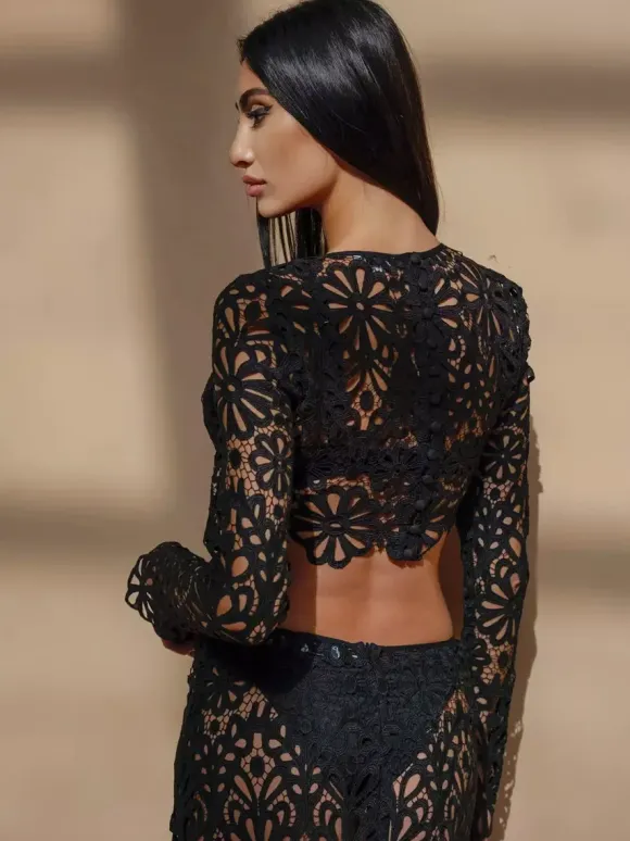 Guipure Lace Maxi Skirt Set For Women - Hollow Out Long Sleeve Crop Top & Floor Length Skirt Co-ord - Summer Beach Vacation 2026