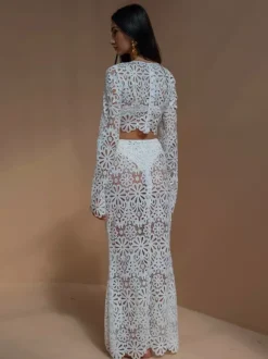 Guipure Lace Maxi Skirt Set For Women - Hollow Out Long Sleeve Crop Top & Floor Length Skirt Co-ord - Summer Beach Vacation 2026