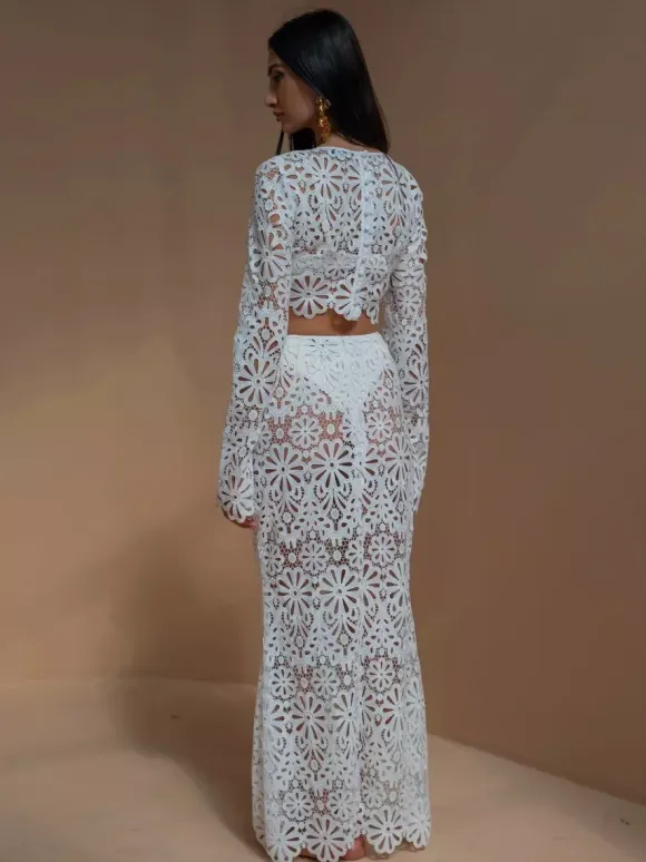 Guipure Lace Maxi Skirt Set For Women - Hollow Out Long Sleeve Crop Top & Floor Length Skirt Co-ord - Summer Beach Vacation 2026