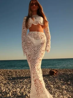 Guipure Lace Maxi Skirt Set For Women - Hollow Out Long Sleeve Crop Top & Floor Length Skirt Co-ord - Summer Beach Vacation 2026