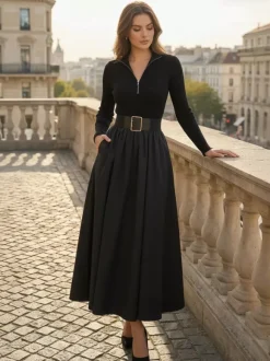 Half Zip Ribbed Knit Patchwork Belted Long Sleeve A-Line Maxi Dress For Women 2026