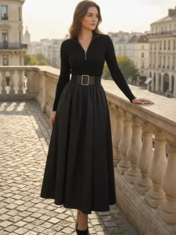 Half Zip Ribbed Knit Patchwork Belted Long Sleeve A-Line Maxi Dress For Women 2026