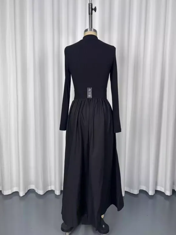 Half Zip Ribbed Knit Patchwork Belted Long Sleeve A-Line Maxi Dress For Women 2026