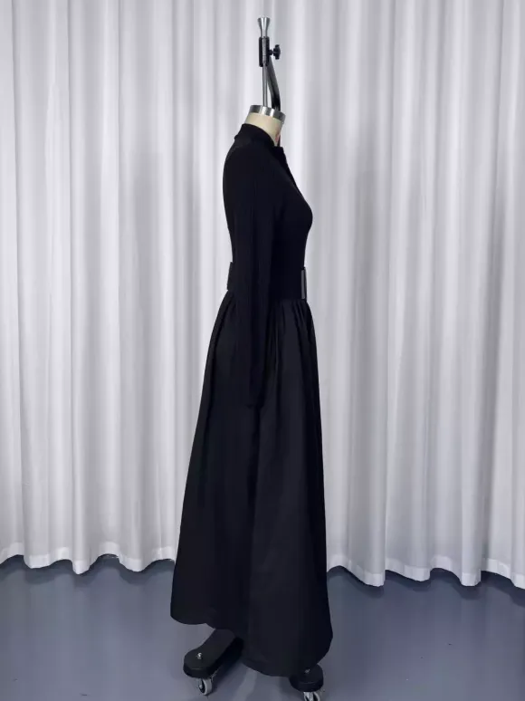 Half Zip Ribbed Knit Patchwork Belted Long Sleeve A-Line Maxi Dress For Women 2026