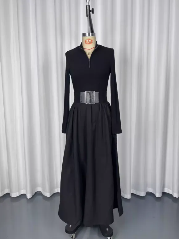 Half Zip Ribbed Knit Patchwork Belted Long Sleeve A-Line Maxi Dress For Women 2026