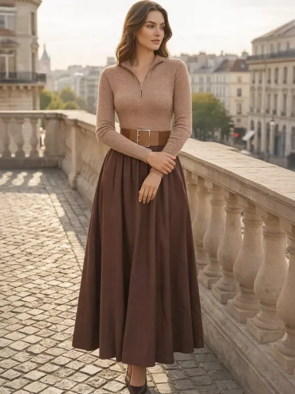 Half Zip Ribbed Knit Patchwork Belted Long Sleeve A-Line Maxi Dress For Women 2026