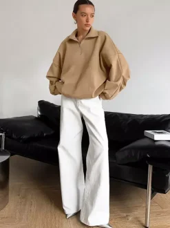 Half Zip Stand Collar Oversized Sweatshirt Drop Shoulder Loose Long Sleeve Pullover