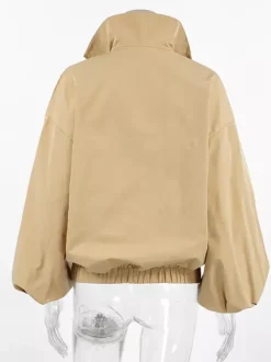Half Zip Stand Collar Windbreaker Oversized Balloon Sleeve Elastic Hem Jacket