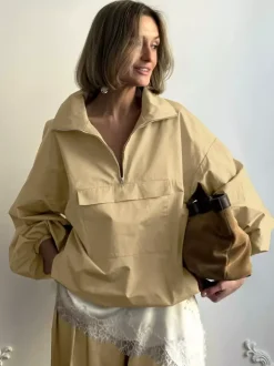 Half Zip Stand Collar Windbreaker Oversized Balloon Sleeve Elastic Hem Jacket
