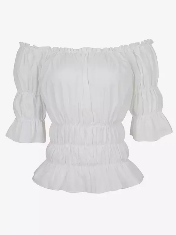 Half Sleeves Tees Black Pleated Off-The-Shoulder Women T Shirt