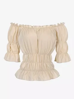 Half Sleeves Tees Black Pleated Off-The-Shoulder Women T Shirt