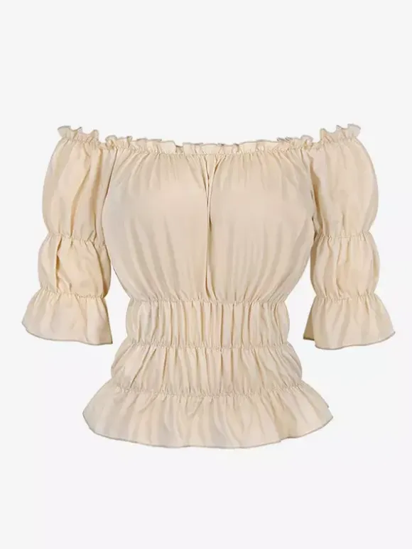 Half Sleeves Tees Black Pleated Off-The-Shoulder Women T Shirt