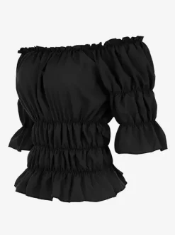 Half Sleeves Tees Black Pleated Off-The-Shoulder Women T Shirt