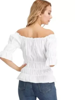 Half Sleeves Tees Black Pleated Off-The-Shoulder Women T Shirt